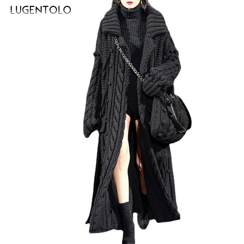 Lugentolo 트위스트 니트 롱 가디건 여성 스웨터 코트 가을 겨울 패션 거꾸로 칼라 솔리드 컬러 블랙 스웨터